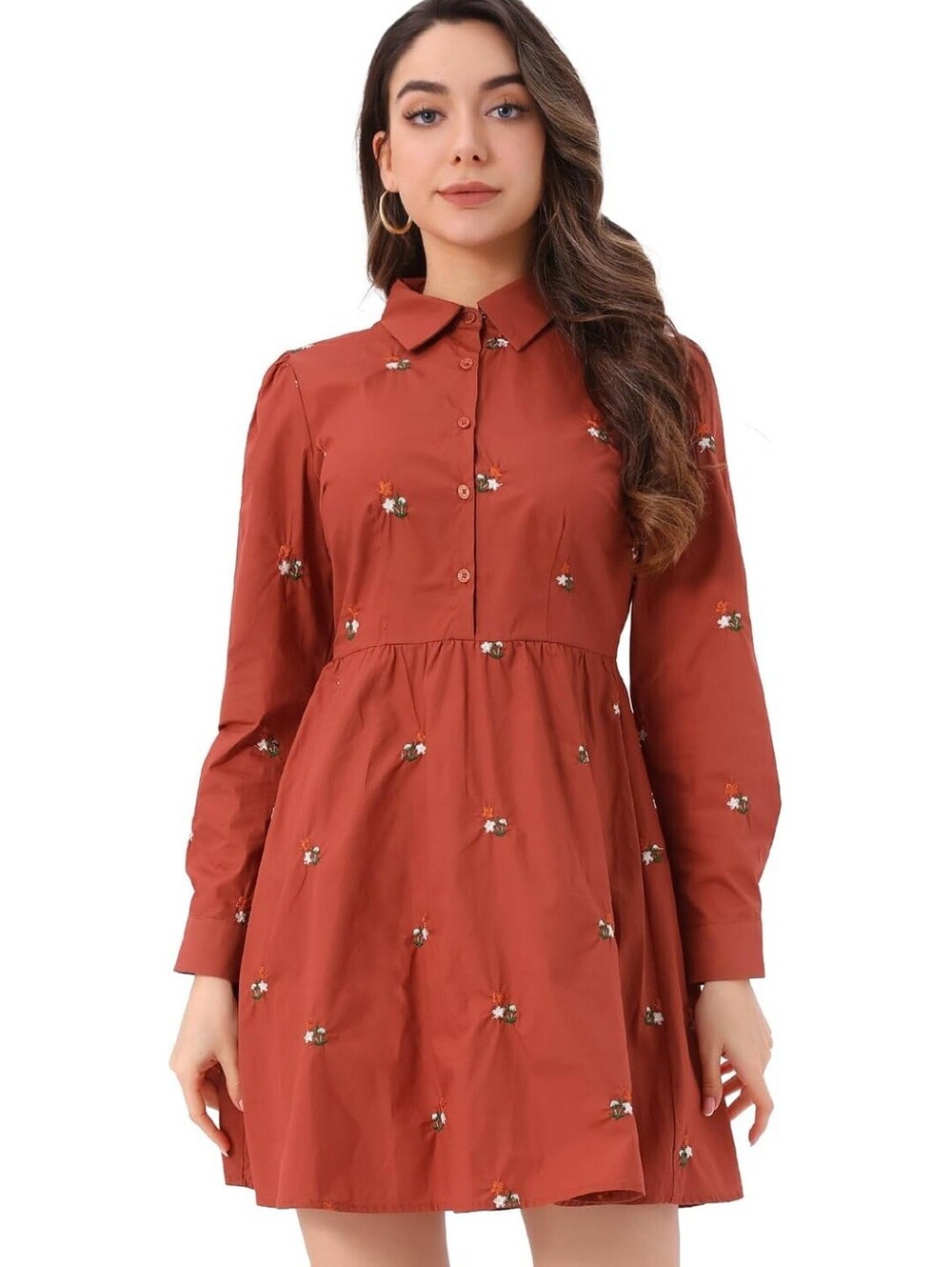 Allegra K Rust Orange Embroidered Long Sleeve Shirt Dress XL